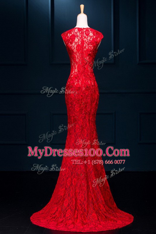 Inexpensive Mermaid Scoop Red Zipper Prom Party Dress Lace Sleeveless Floor Length