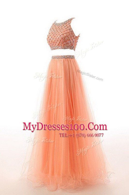 Amazing Scoop Orange Organza Side Zipper Homecoming Dress Sleeveless Sweep Train Beading and Belt