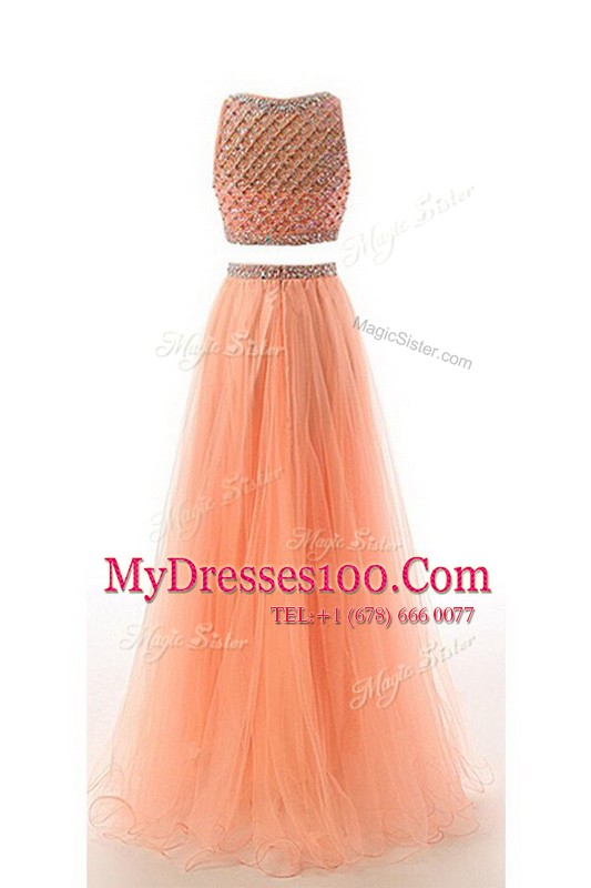 Amazing Scoop Orange Organza Side Zipper Homecoming Dress Sleeveless Sweep Train Beading and Belt