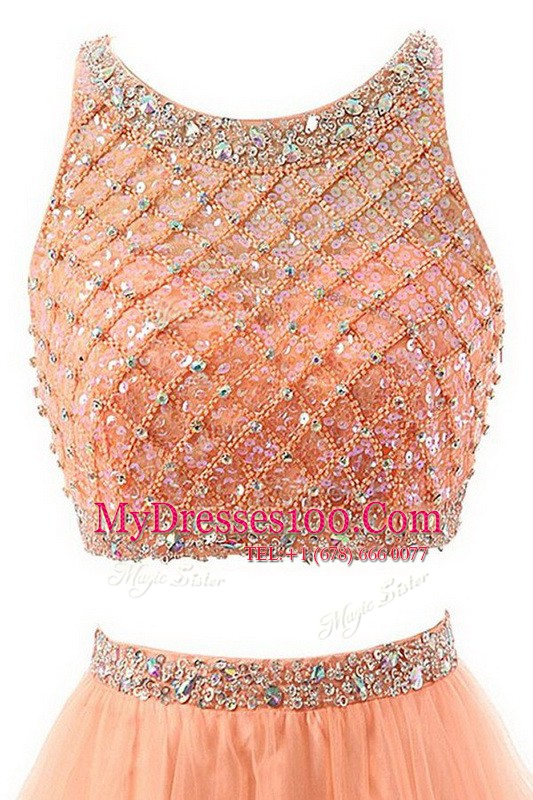 Amazing Scoop Orange Organza Side Zipper Homecoming Dress Sleeveless Sweep Train Beading and Belt