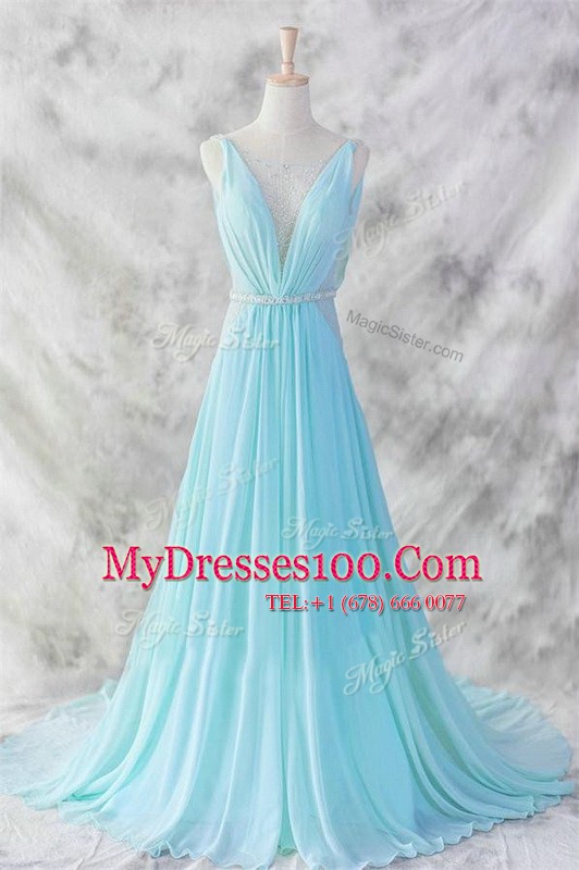 Colorful Baby Blue Sleeveless Belt Backless Prom Gown