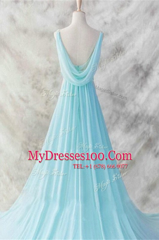 Colorful Baby Blue Sleeveless Belt Backless Prom Gown