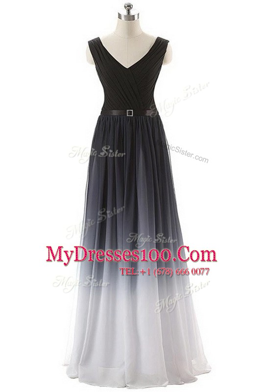 Smart Black Column/Sheath V-neck Sleeveless Chiffon Floor Length Lace Up Belt Prom Evening Gown