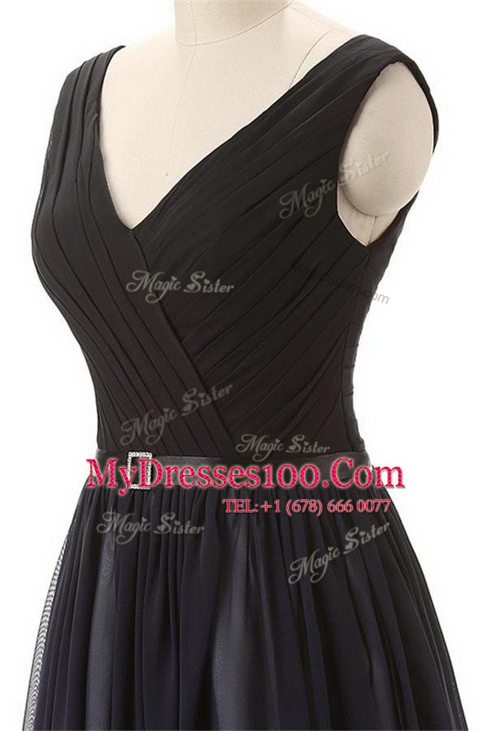 Smart Black Column/Sheath V-neck Sleeveless Chiffon Floor Length Lace Up Belt Prom Evening Gown
