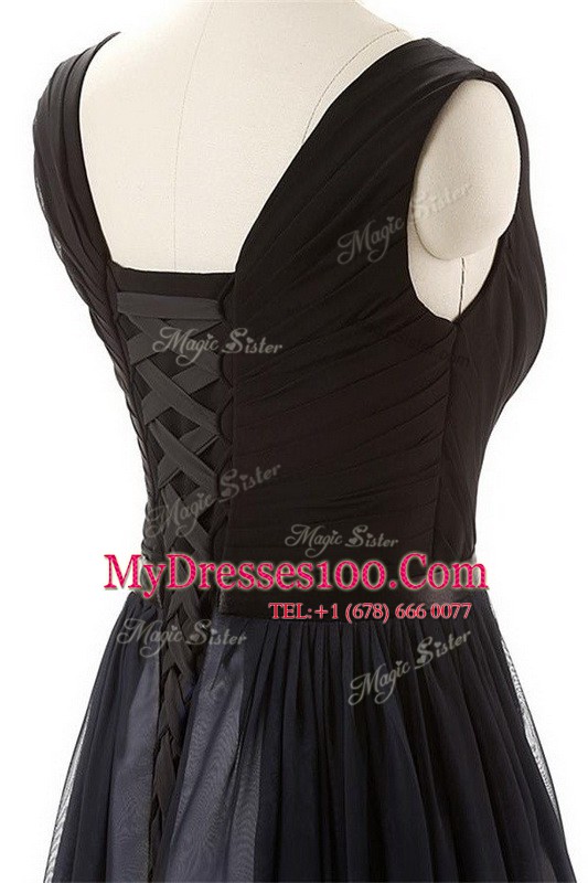 Smart Black Column/Sheath V-neck Sleeveless Chiffon Floor Length Lace Up Belt Prom Evening Gown