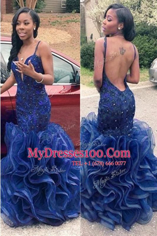 Noble Mermaid Navy Blue Backless Prom Evening Gown Ruffles Sleeveless Floor Length