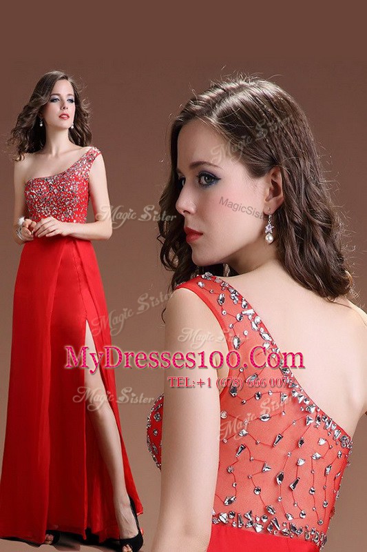 One Shoulder Sleeveless Satin Floor Length Side Zipper Prom Gown in Red with Beading