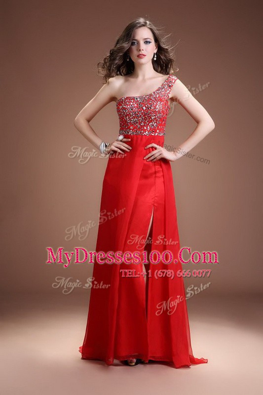 One Shoulder Sleeveless Satin Floor Length Side Zipper Prom Gown in Red with Beading