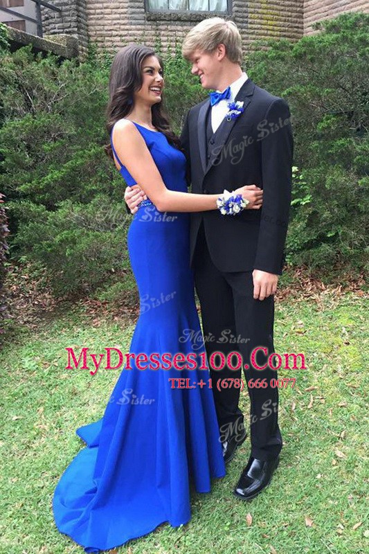 Scoop With Train Mermaid Sleeveless Royal Blue Evening Dress Brush Train Zipper