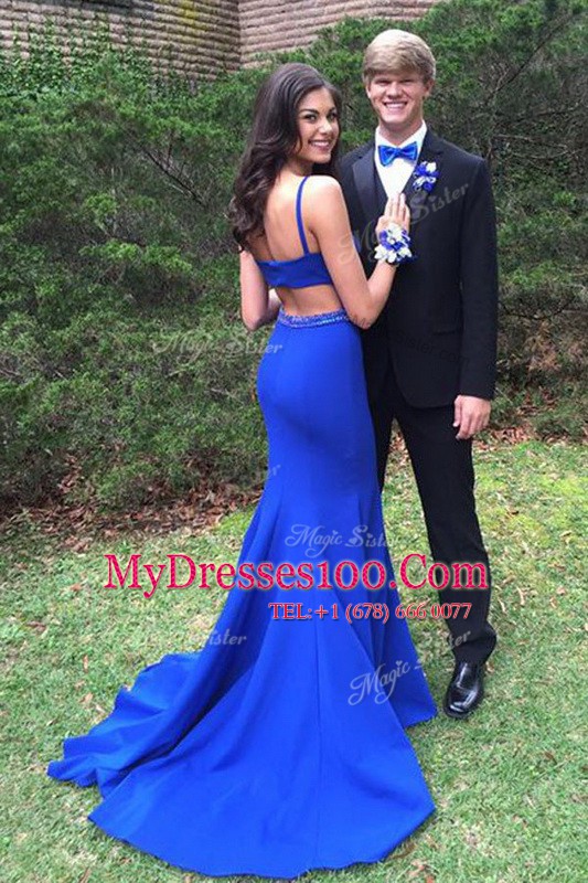 Scoop With Train Mermaid Sleeveless Royal Blue Evening Dress Brush Train Zipper