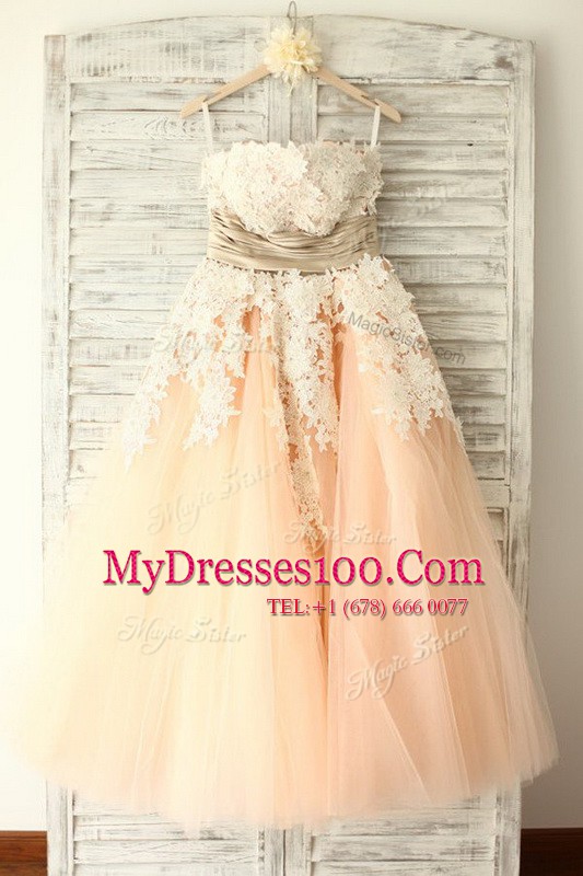 Ideal Sleeveless Floor Length Lace and Appliques and Belt Zipper Junior Homecoming Dress with Peach