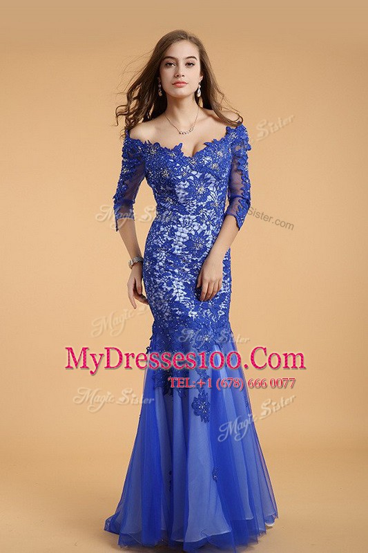 Fitting Off the Shoulder Lace Floor Length Mermaid Sleeveless Royal Blue Prom Gown Zipper