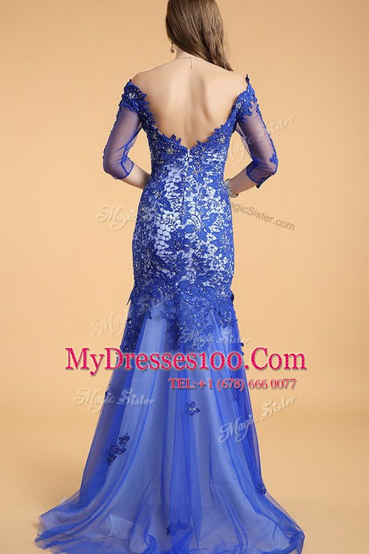 Fitting Off the Shoulder Lace Floor Length Mermaid Sleeveless Royal Blue Prom Gown Zipper