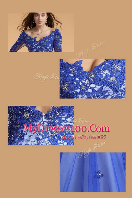 Fitting Off the Shoulder Lace Floor Length Mermaid Sleeveless Royal Blue Prom Gown Zipper