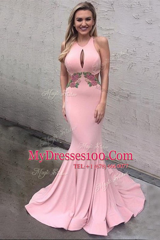 Pink Mermaid Elastic Woven Satin Scoop Sleeveless Appliques With Train Criss Cross Going Out Dresses Brush Train