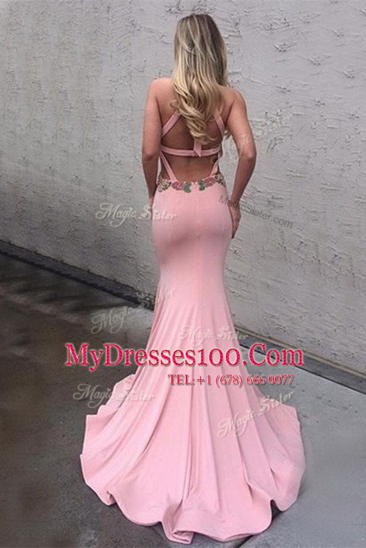 Pink Mermaid Elastic Woven Satin Scoop Sleeveless Appliques With Train Criss Cross Going Out Dresses Brush Train