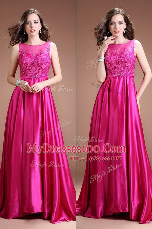 Glittering Hot Pink Juniors Evening Dress Prom and Party and For with Beading and Appliques Bateau Sleeveless Zipper