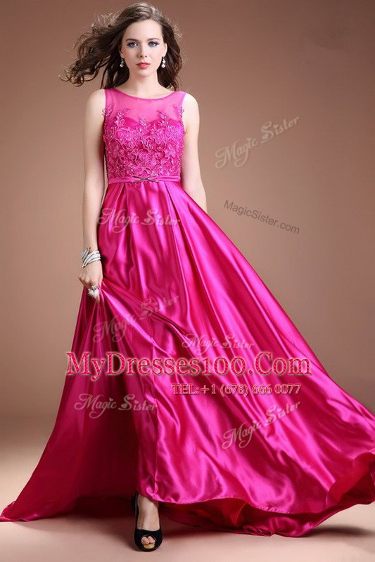 Glittering Hot Pink Juniors Evening Dress Prom and Party and For with Beading and Appliques Bateau Sleeveless Zipper