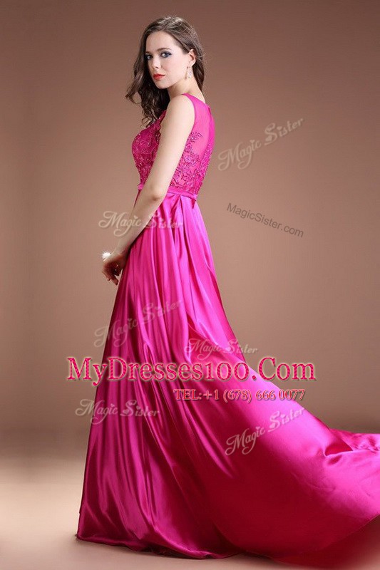 Glittering Hot Pink Juniors Evening Dress Prom and Party and For with Beading and Appliques Bateau Sleeveless Zipper