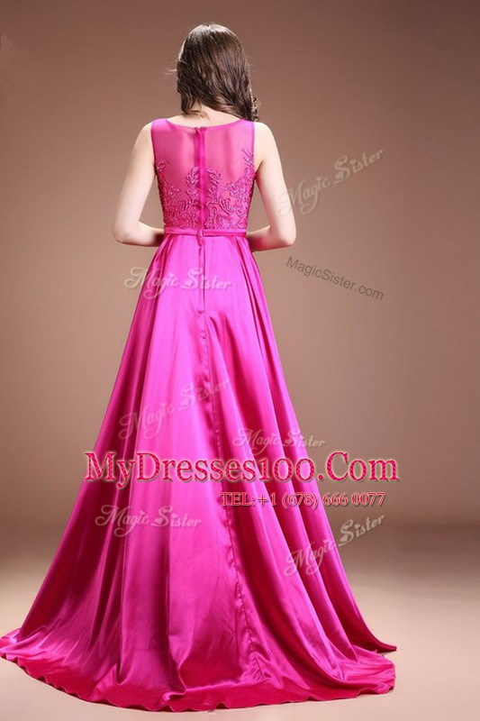 Glittering Hot Pink Juniors Evening Dress Prom and Party and For with Beading and Appliques Bateau Sleeveless Zipper