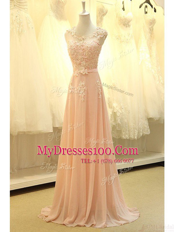 Stylish Scoop Peach Organza Zipper Prom Dress Sleeveless Sweep Train Appliques and Belt