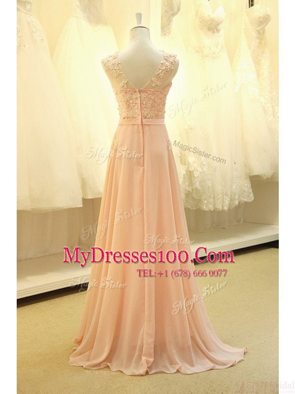 Stylish Scoop Peach Organza Zipper Prom Dress Sleeveless Sweep Train Appliques and Belt