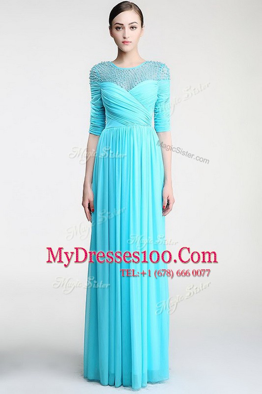 Best Scoop Floor Length Aqua Blue Mother Of The Bride Dress Chiffon Sleeveless Beading and Ruching