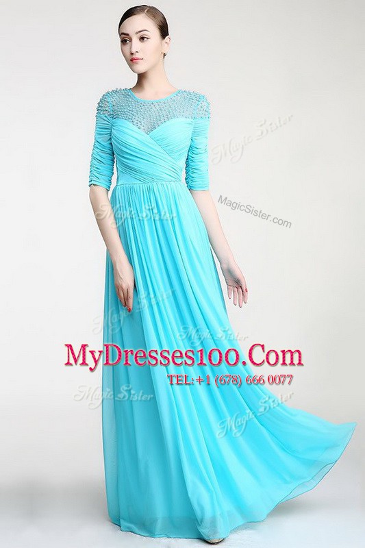 Best Scoop Floor Length Aqua Blue Mother Of The Bride Dress Chiffon Sleeveless Beading and Ruching