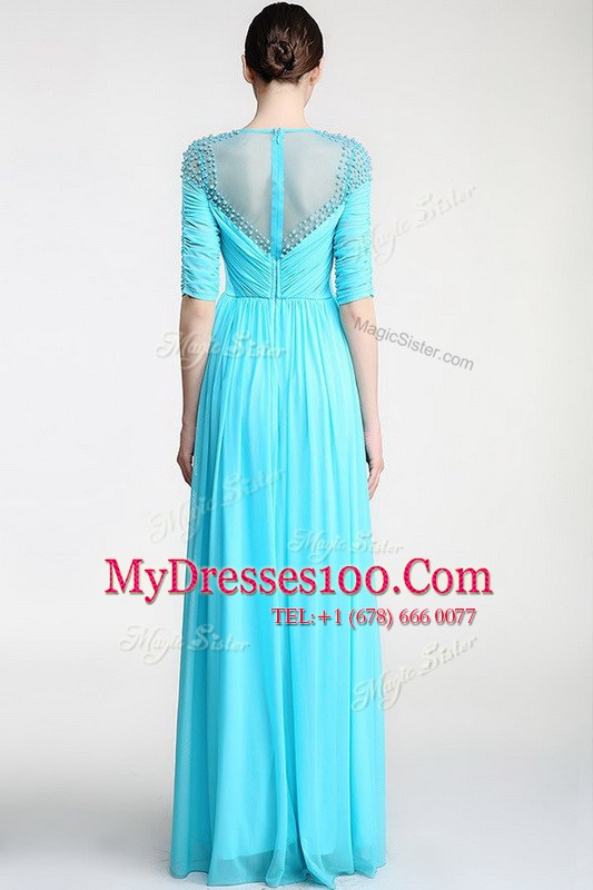 Best Scoop Floor Length Aqua Blue Mother Of The Bride Dress Chiffon Sleeveless Beading and Ruching