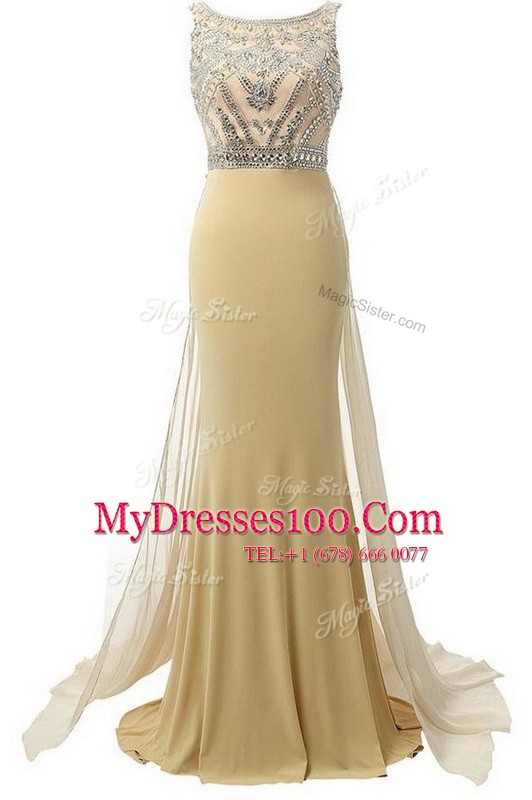 Extravagant Scoop Beading Prom Party Dress Champagne Side Zipper Sleeveless Brush Train