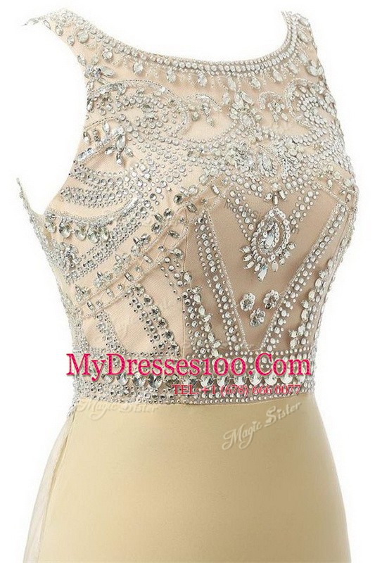 Extravagant Scoop Beading Prom Party Dress Champagne Side Zipper Sleeveless Brush Train