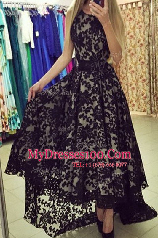 On Sale Scoop With Train Black Dress for Prom Chiffon Brush Train Sleeveless Lace