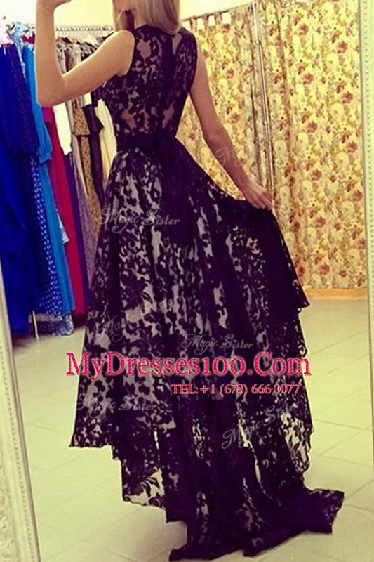 On Sale Scoop With Train Black Dress for Prom Chiffon Brush Train Sleeveless Lace