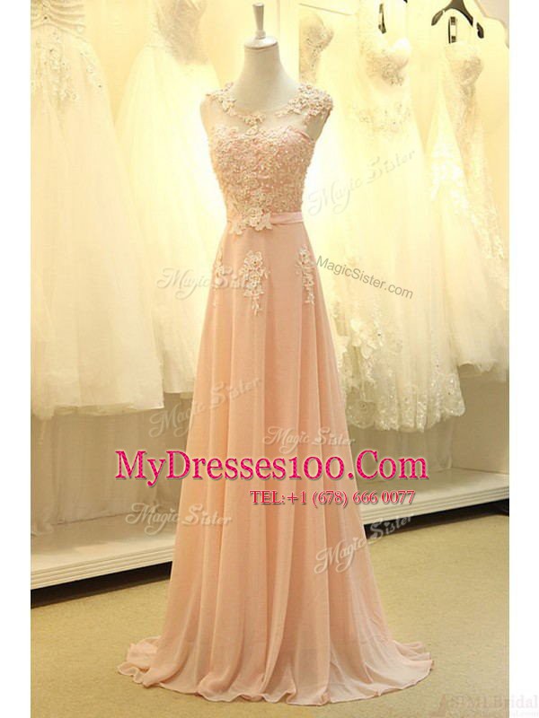 Scoop Peach Sleeveless Lace and Belt Zipper Dress for Prom