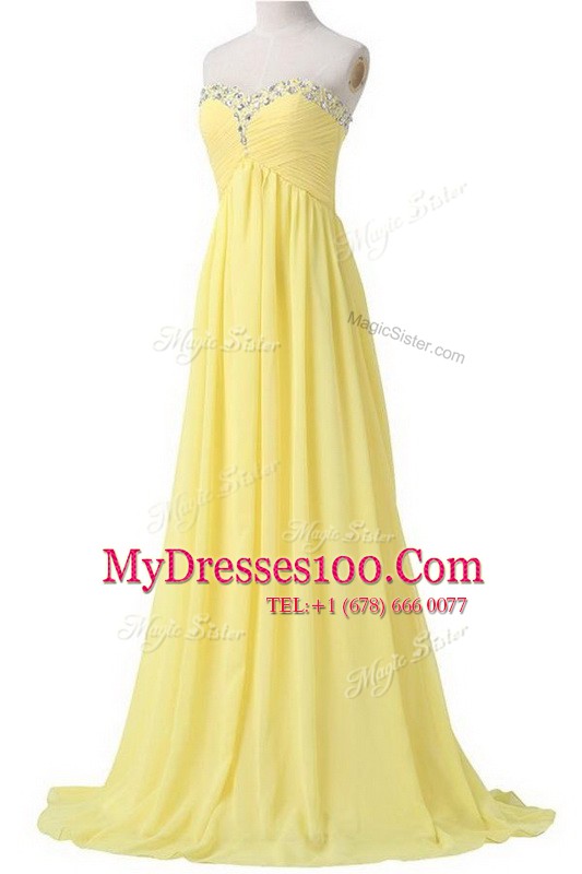 With Train Light Yellow Evening Dress Sweetheart Sleeveless Brush Train Lace Up
