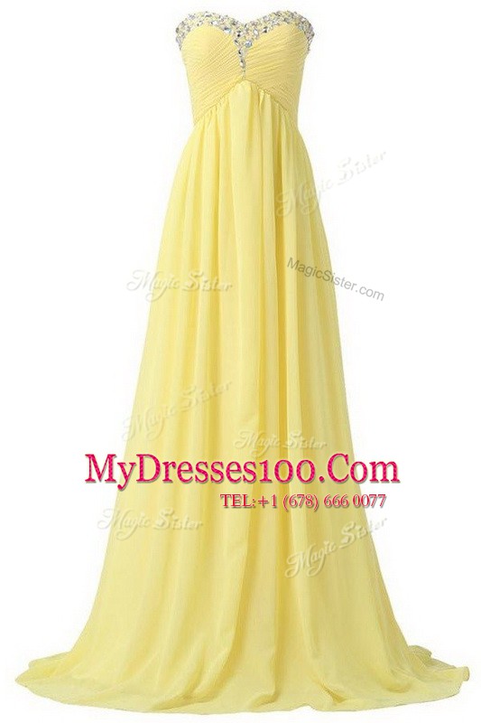 With Train Light Yellow Evening Dress Sweetheart Sleeveless Brush Train Lace Up