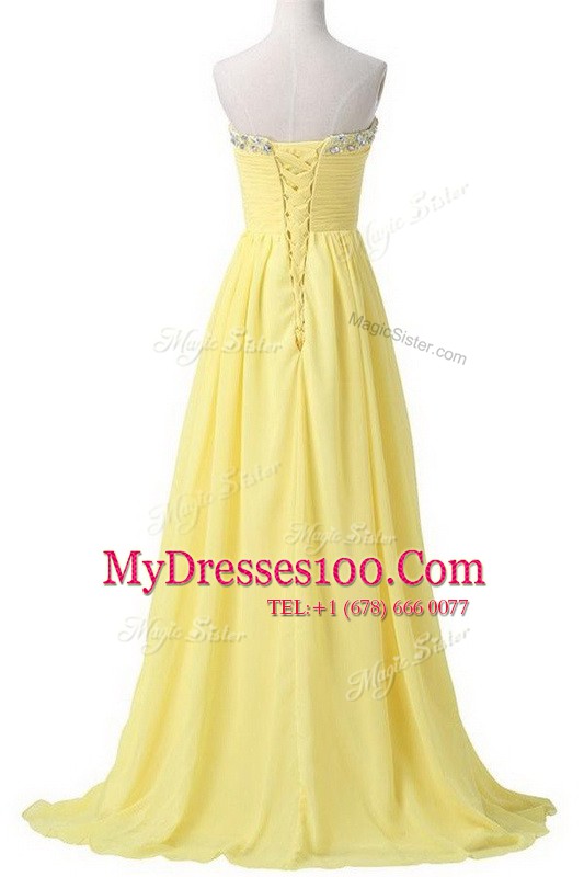 With Train Light Yellow Evening Dress Sweetheart Sleeveless Brush Train Lace Up