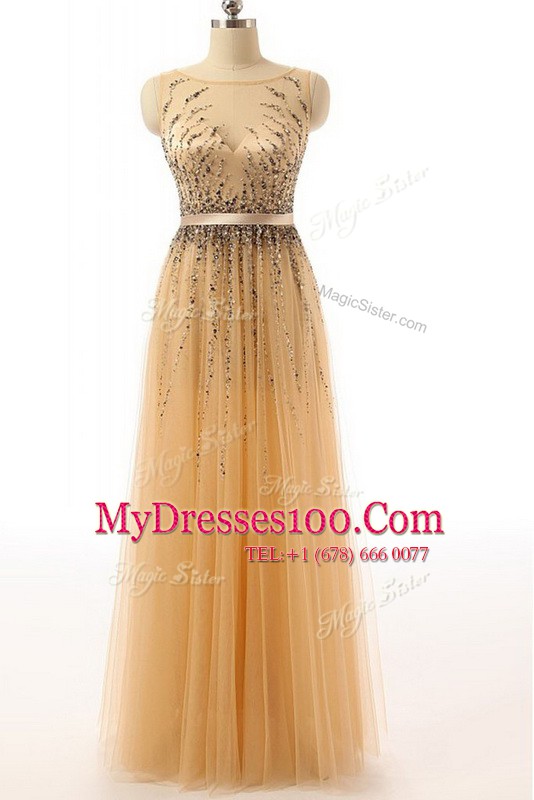 Shining Bateau Sleeveless Tulle Prom Evening Gown Beading and Belt Side Zipper