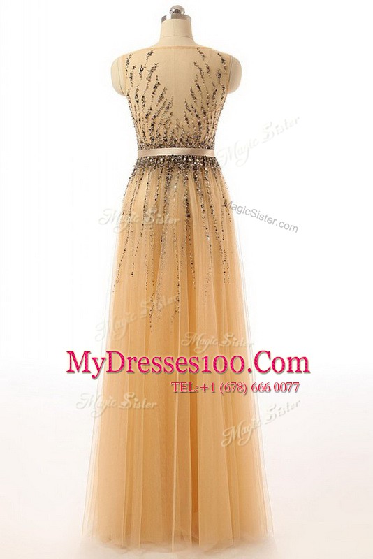 Shining Bateau Sleeveless Tulle Prom Evening Gown Beading and Belt Side Zipper