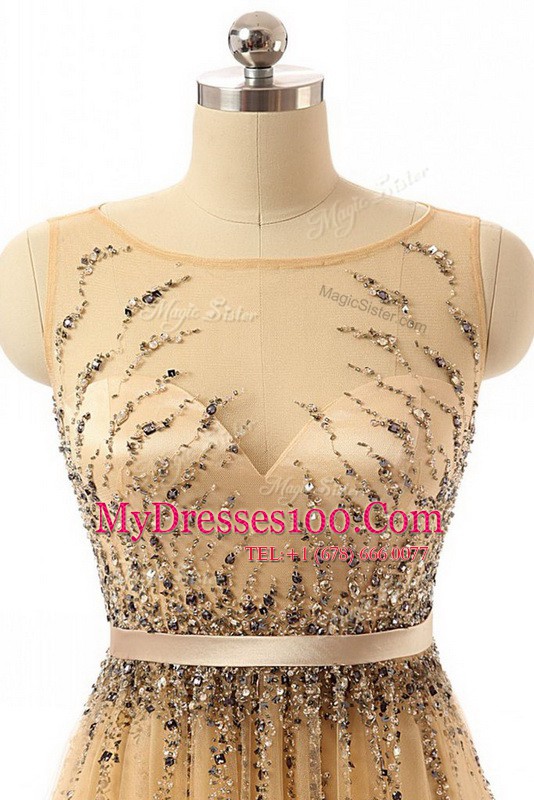 Shining Bateau Sleeveless Tulle Prom Evening Gown Beading and Belt Side Zipper