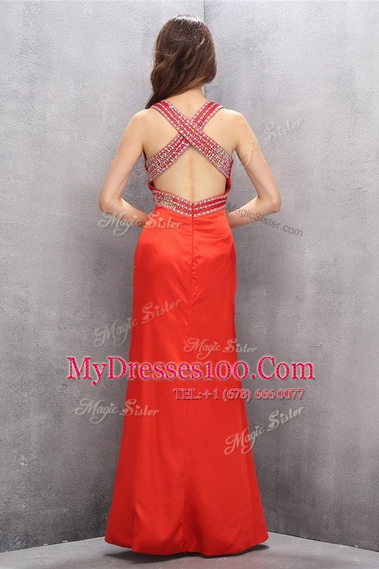 Dramatic Floor Length Empire Sleeveless Coral Red Dress for Prom Criss Cross
