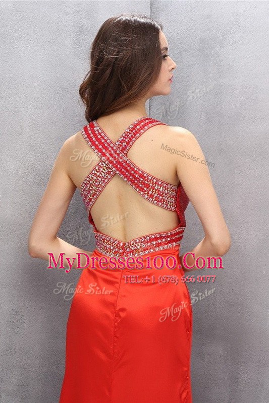 Dramatic Floor Length Empire Sleeveless Coral Red Dress for Prom Criss Cross