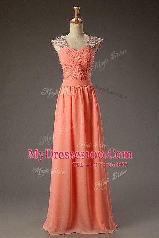 Watermelon Red Organza Zipper Square Sleeveless Floor Length Prom Homecoming Dress Beading and Ruching