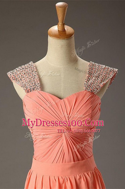 Watermelon Red Organza Zipper Square Sleeveless Floor Length Prom Homecoming Dress Beading and Ruching