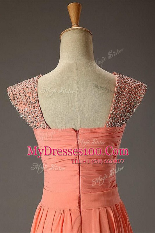 Watermelon Red Organza Zipper Square Sleeveless Floor Length Prom Homecoming Dress Beading and Ruching