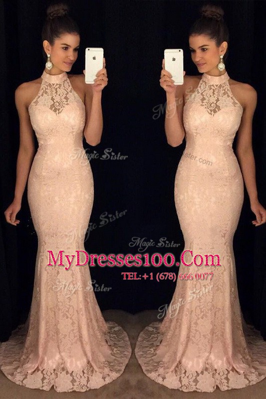 Mermaid Halter Top Baby Pink Sleeveless Chiffon Brush Train Backless Prom Dresses for Prom and Party