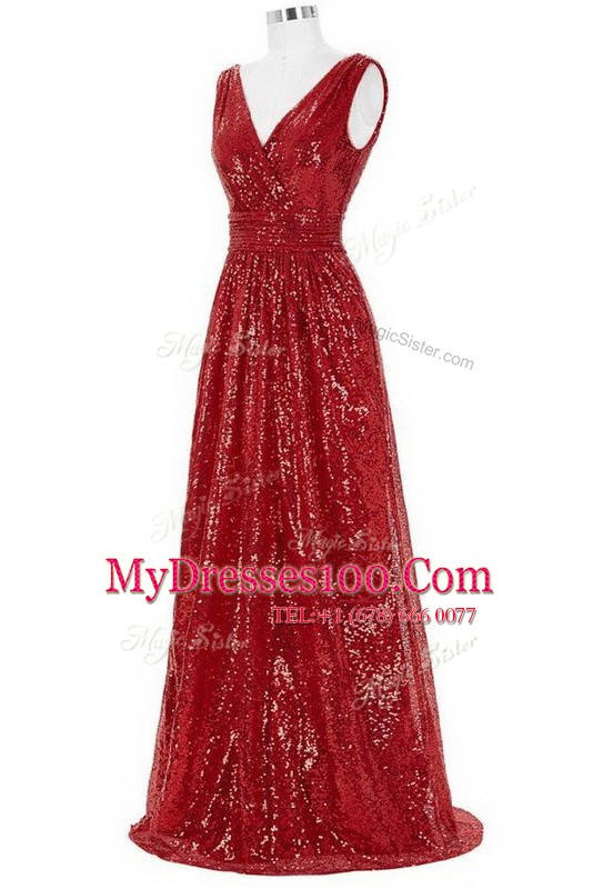 Pretty V-neck Sleeveless Sequined Formal Dresses Sequins Brush Train Zipper