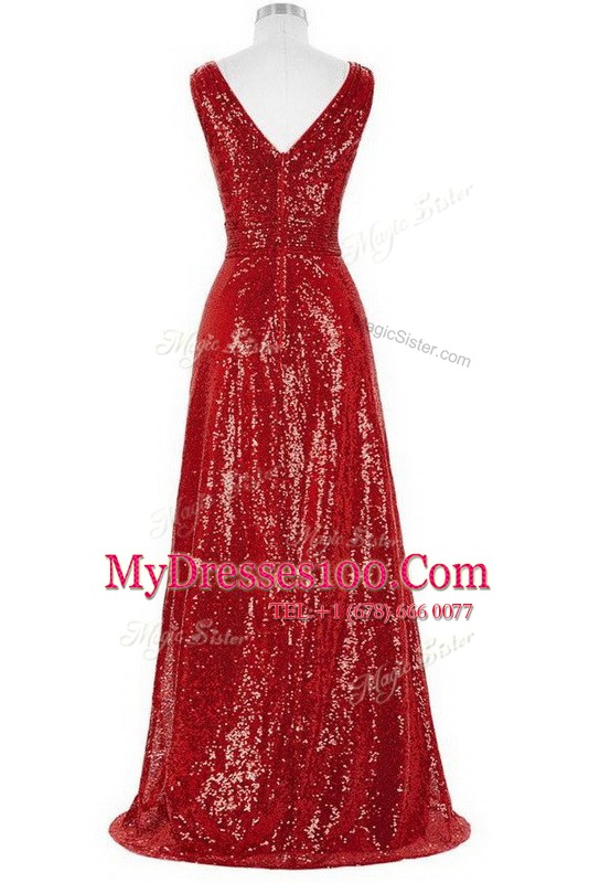 Pretty V-neck Sleeveless Sequined Formal Dresses Sequins Brush Train Zipper