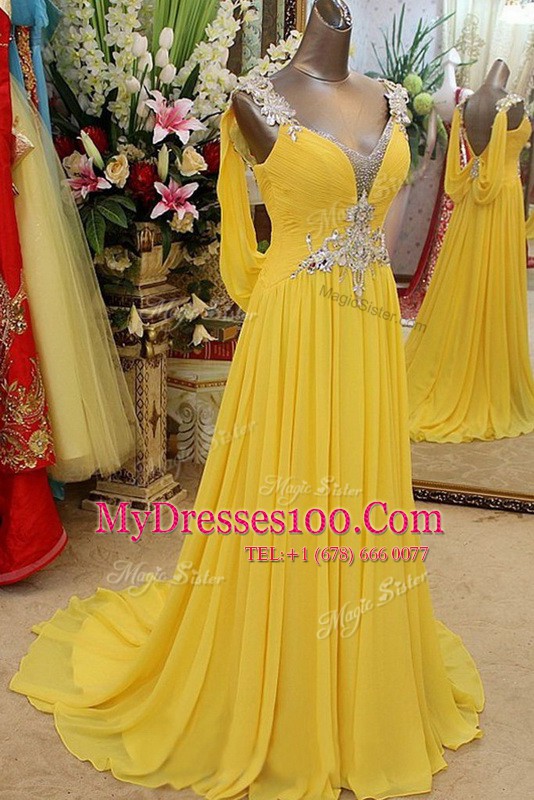 Scoop Sleeveless Brush Train Backless Prom Party Dress Yellow Organza