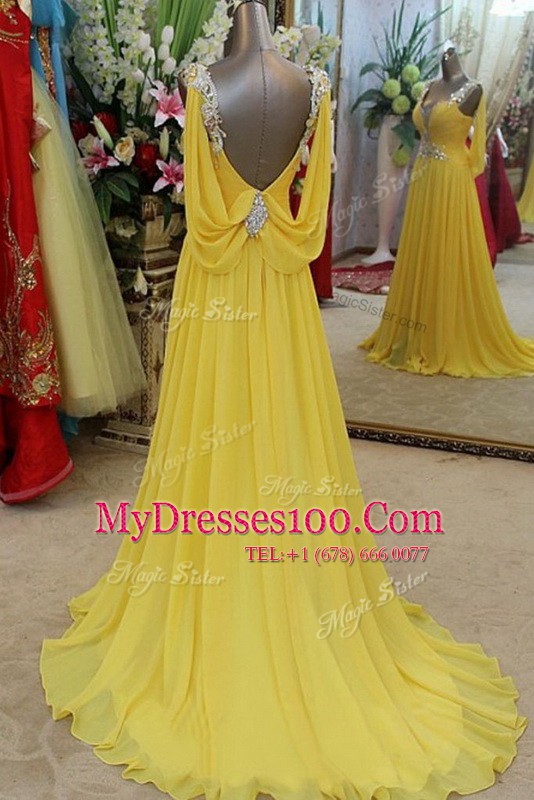 Scoop Sleeveless Brush Train Backless Prom Party Dress Yellow Organza